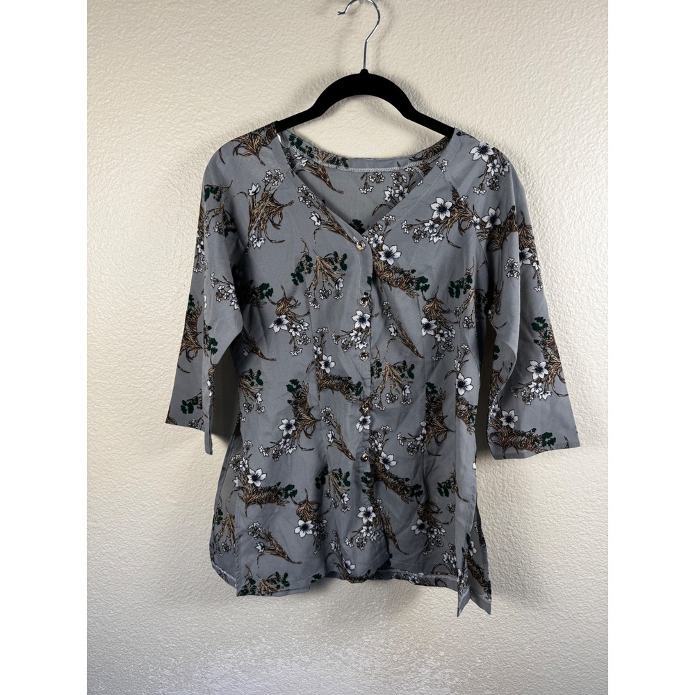 100% Silk Floral Blouse Women Medium V-Neck‎ Button Front Grannycore Cottagecore